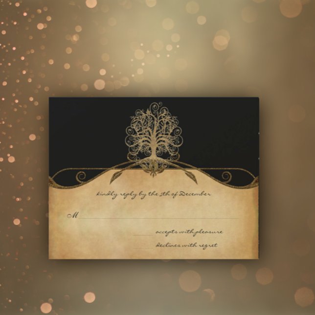 Elegant Gold and Black Tree Wedding RSVP Card (Creator Uploaded)