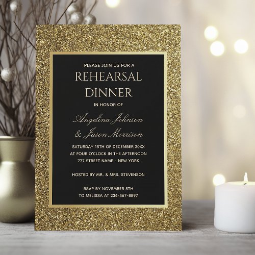 Elegant Gold and Black Wedding Rehearsal Dinner Invitation