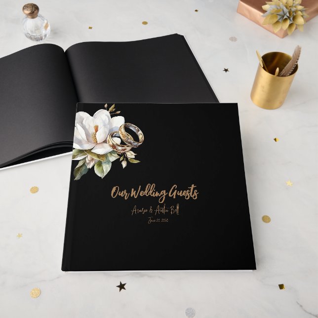 Elegant Gold and Black Wedding Rings Wedding Guest Book (Front Open)