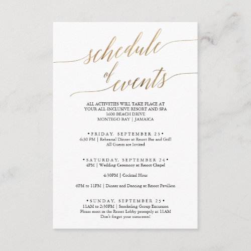 Elegant Gold and Black Wedding Schedule of Events Enclosure Card