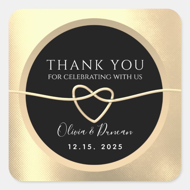 Elegant Gold and Black Wedding Thank You Square Sticker (Front)