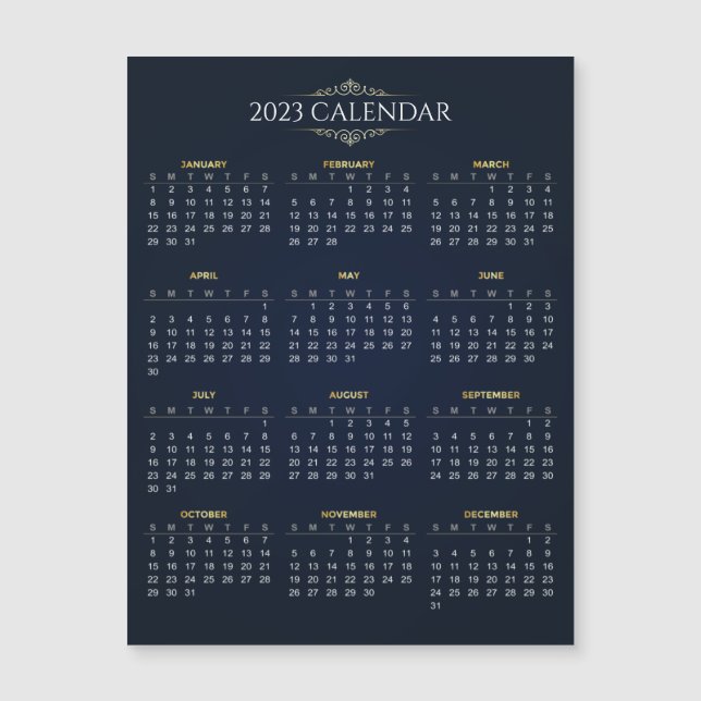 Elegant Gold and Blue 2023 Calendar Magnetic Card (Front)
