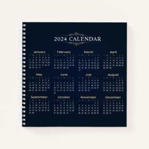 Elegant Gold and Blue 2024 Calendar   Notebook