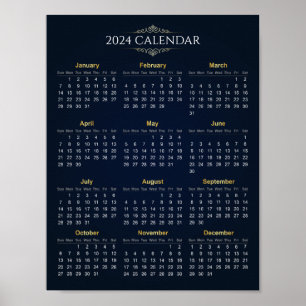 Elegant Gold and Blue 2024 Calendar   Poster