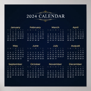 Elegant Gold and Blue 2024 Calendar Poster