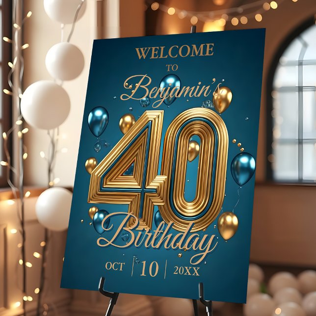 Elegant Gold and Blue Balloons 40th Birthday Party Foam Board (Creator Uploaded)