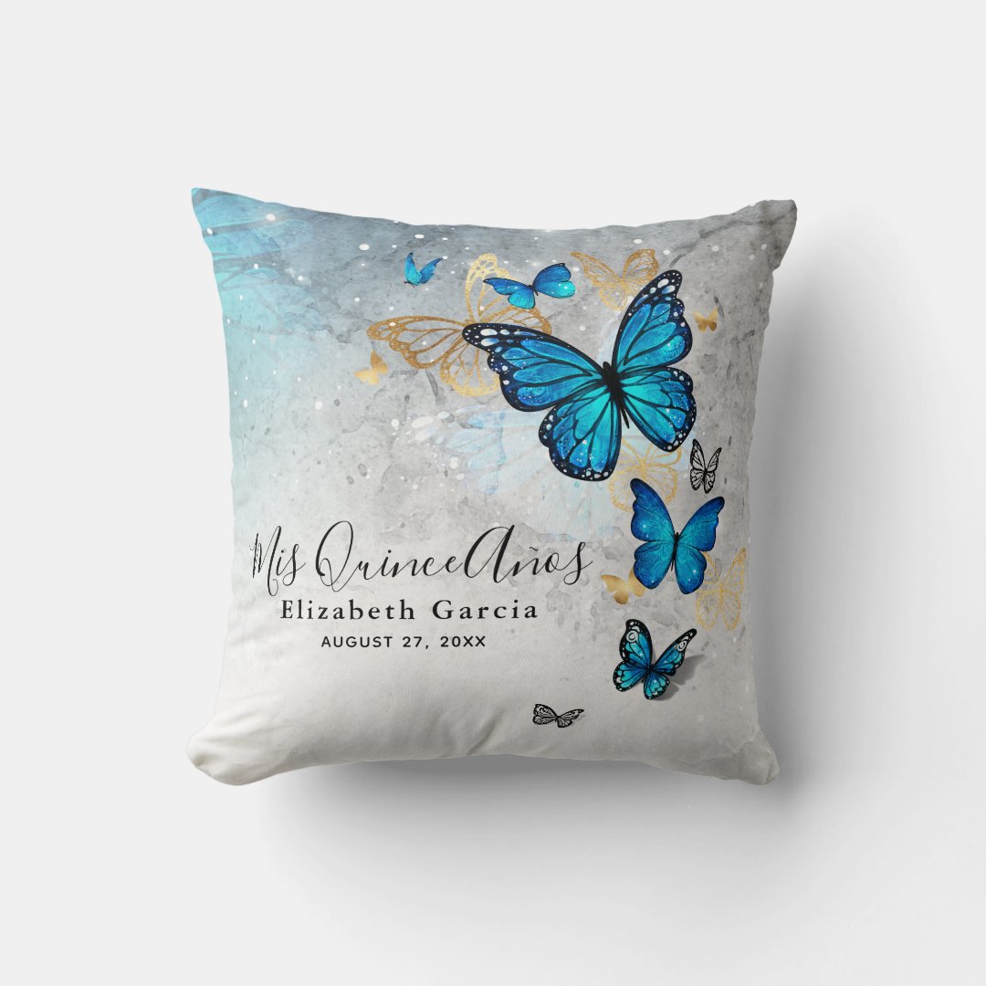 Elegant Gold and Blue Butterfly Mis Quince Anos Throw Pillow | Zazzle