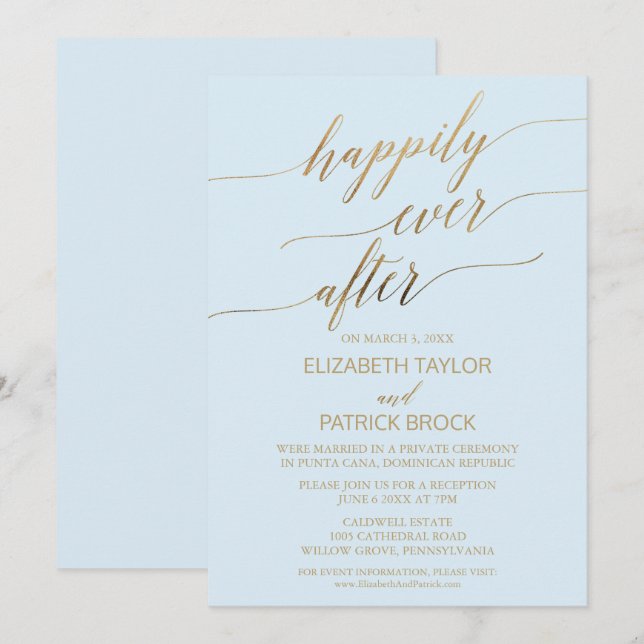 Elegant Gold and Blue Calligraphy Elopement Invitation (Front/Back)