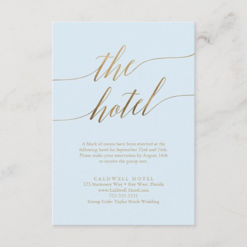 Elegant Gold and Blue Calligraphy Hotel Enclosure Card