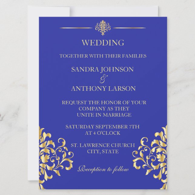 Elegant Gold and Blue Damask Wedding Invitation (Front)