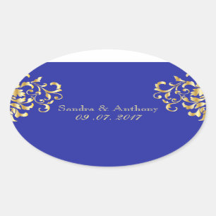 Elegant Gold and Blue Damask Wedding Stickers