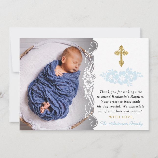 Elegant Gold And Blue Floral Baby Boy Baptism Thank You Card (Front)