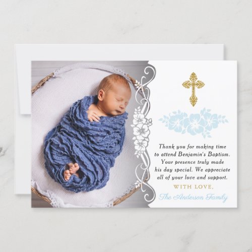 Elegant Gold And Blue Floral Baby Boy Baptism Thank You Card