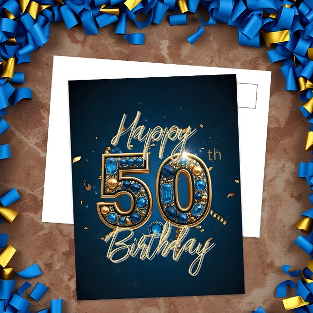 Elegant Gold and Blue Gemstone 50th Birthday Postcard (Creator Uploaded)