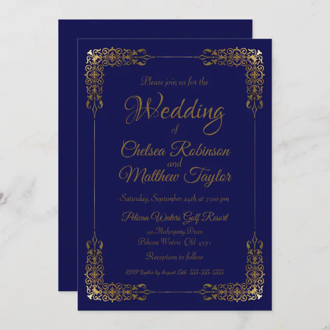 Elegant Gold and Blue Lace Wedding Invitation | Zazzle