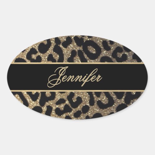 Elegant Gold and Blue Leopard Print Oval Sticker