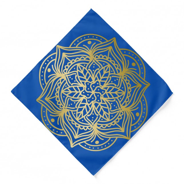 Elegant Gold and Blue Mandala Pattern Bandana (Front)