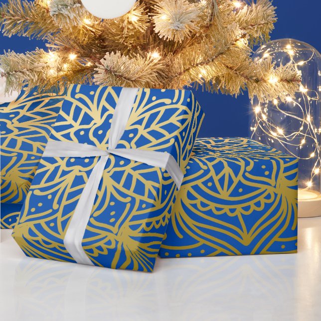 Elegant Gold and Blue Mandala Pattern Wrapping Paper (Holidays)