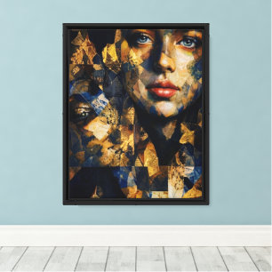 Elegant Gold and Blue Mosaic Woman Portrait - Abst Canvas Print