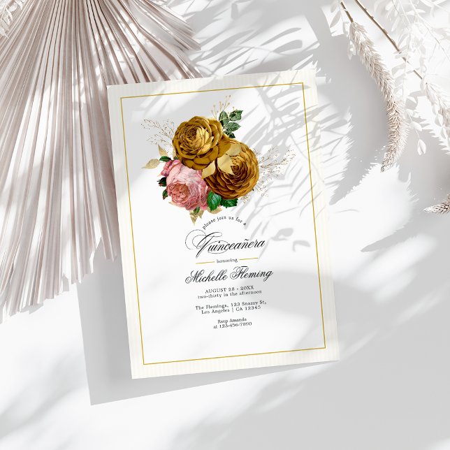 Elegant Gold and Blush Floral Quinceañera Photo Invitation (Elegant Gold and Blush Floral Quinceañera Photo Invitation)