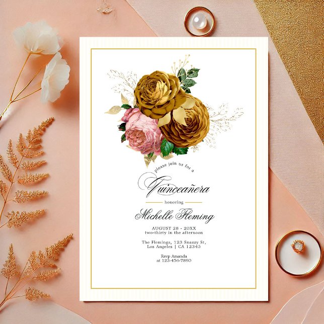 Elegant Gold and Blush Floral Quinceañera Photo Invitation (Elegant Gold and Blush Floral Quinceañera Photo Invitation)