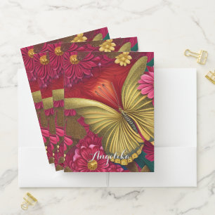 Elegant Gold and Burgundy Butterfly Custom Name Pocket Folder