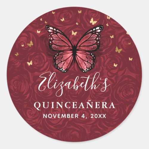 Elegant Gold and Burgundy Butterfly Quinceanera Classic Round Sticker
