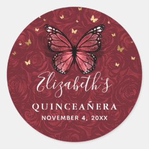 Elegant Gold and Burgundy Butterfly Quinceanera Classic Round Sticker