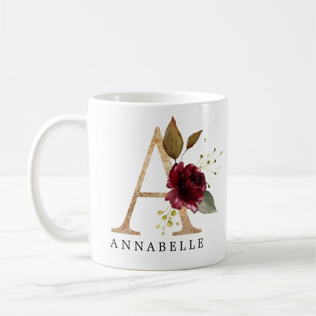 Elegant Gold and Burgundy Flower Letter A Coffee Mug (Left)