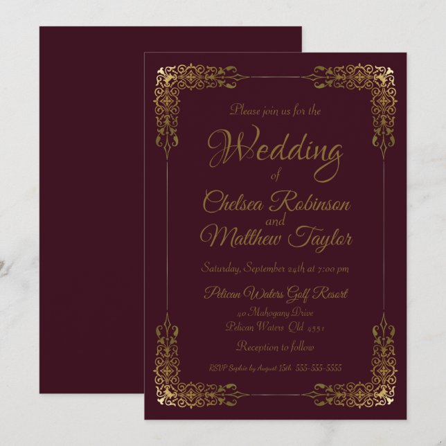 Elegant Gold and Burgundy Lace Wedding Invitation (Front/Back)