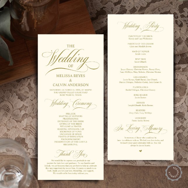 Elegant gold and cream Script Wedding Ceremony Program (Elegant Cream and Grey Script Wedding Ceremony Order Program Card in Cream and Gold)