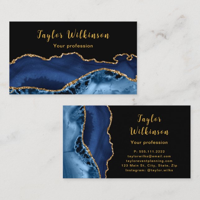 Elegant Gold and Dark Blue Agate Business Card (Front/Back)