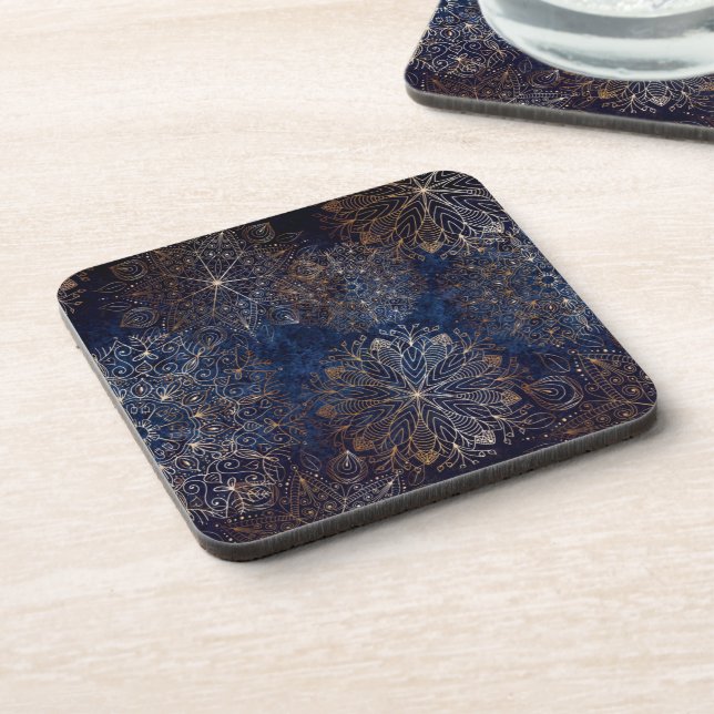 Elegant Gold and Dark Blue Floral Mandala Pattern Beverage Coaster (Left Side)