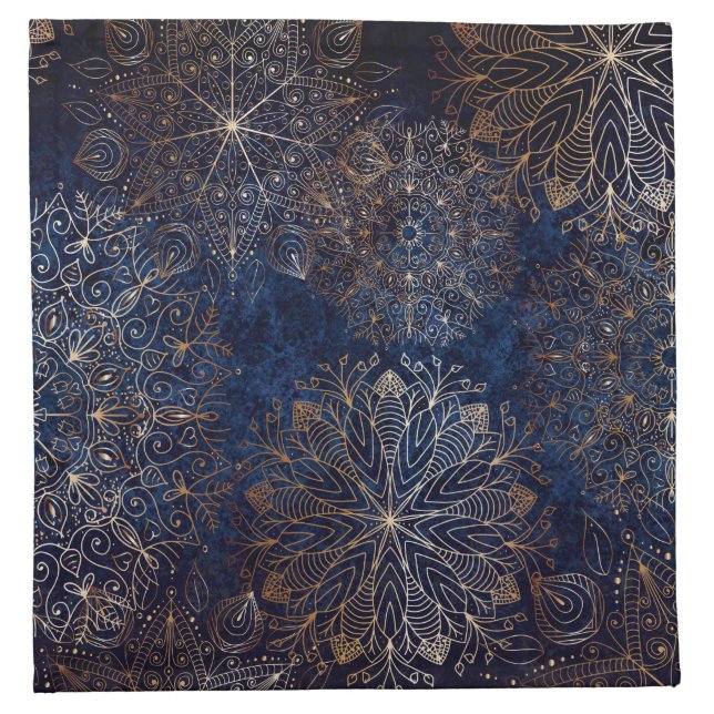 Elegant Gold and Dark Blue Floral Mandala Pattern Cloth Napkin (Front)
