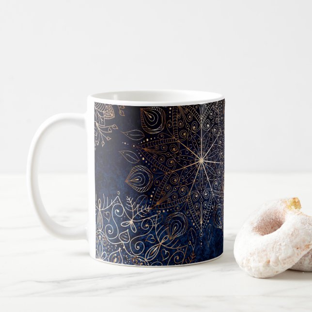 Elegant Gold and Dark Blue Floral Mandala Pattern Coffee Mug (With Donut)