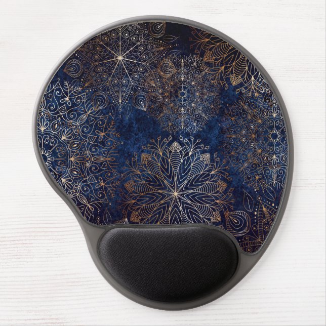 Elegant Gold and Dark Blue Floral Mandala Pattern Gel Mouse Pad (Front)
