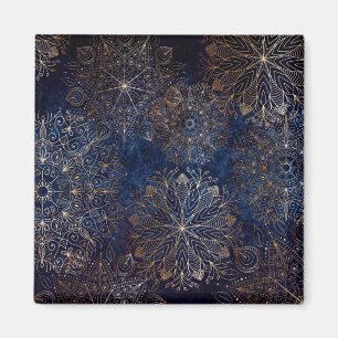 Elegant Gold and Dark Blue Floral Mandala Pattern Magnet