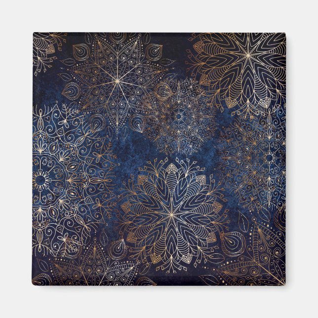 Elegant Gold and Dark Blue Floral Mandala Pattern Magnet (Front)