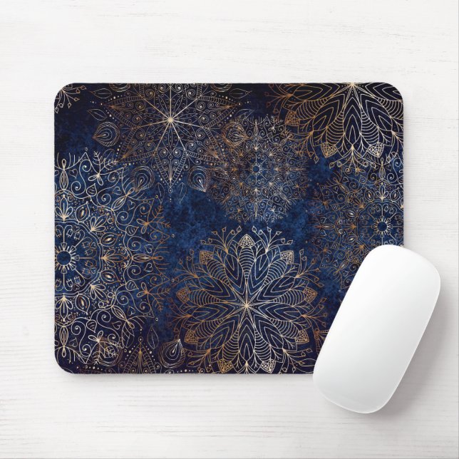 Elegant Gold and Dark Blue Floral Mandala Pattern  Mouse Pad (With Mouse)
