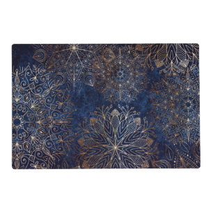 Elegant Gold and Dark Blue Floral Mandala Pattern Placemat