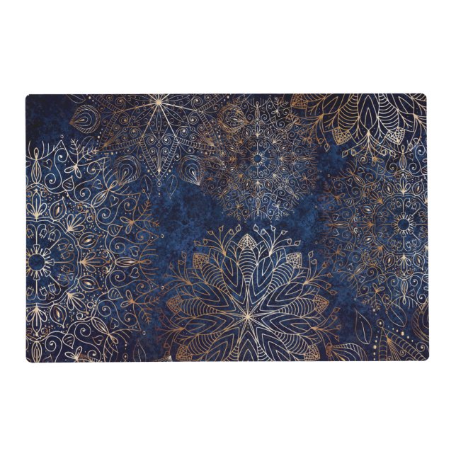 Elegant Gold and Dark Blue Floral Mandala Pattern Placemat (Front)