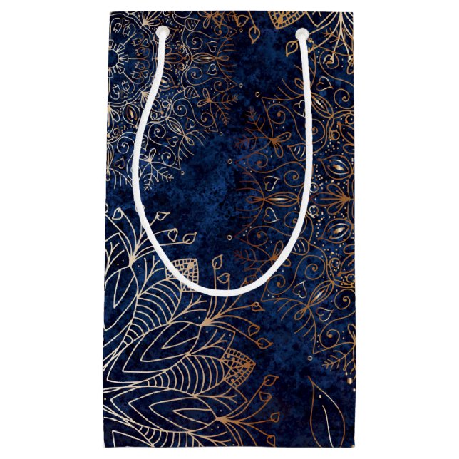 Elegant Gold and Dark Blue Floral Mandala Pattern Small Gift Bag (Front)
