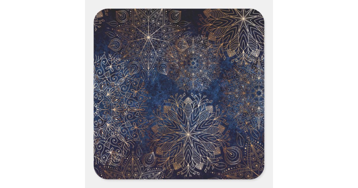 Elegant Gold and Dark Blue Floral Mandala Pattern Square Sticker | Zazzle