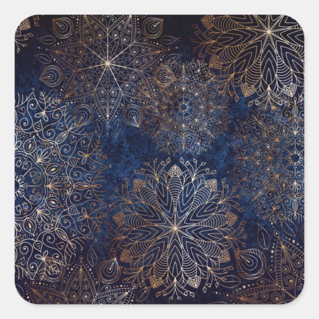 Elegant Gold and Dark Blue Floral Mandala Pattern Square Sticker (Front)