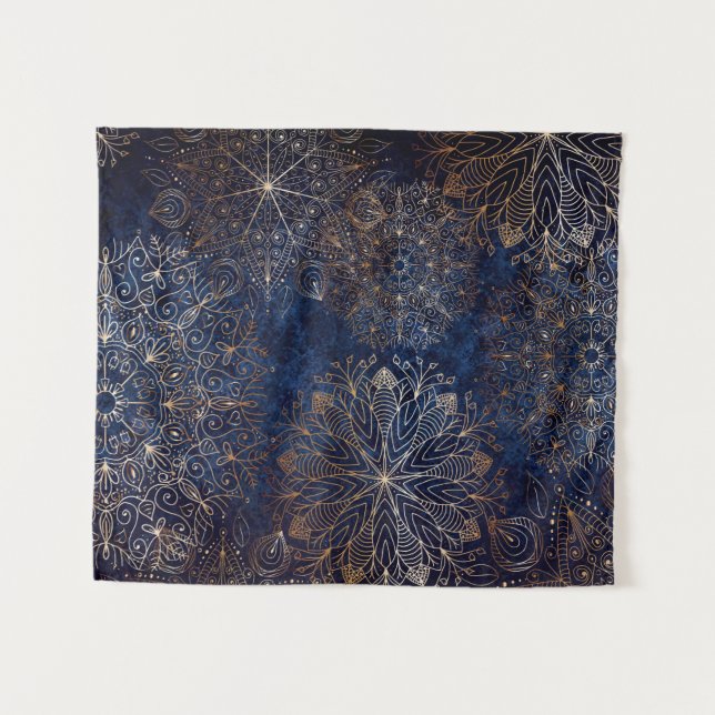 Elegant Gold and Dark Blue Floral Mandala Pattern Tapestry (Front (Horizontal))