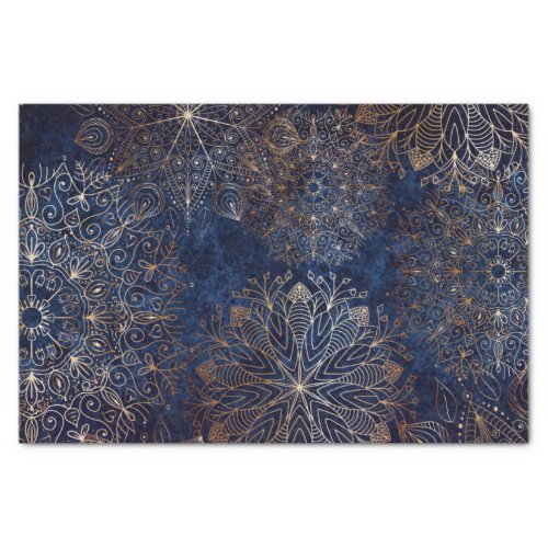 Elegant Gold and Dark Blue Floral Mandala Pattern Tissue Paper