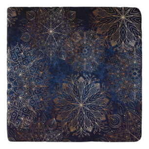 Elegant Gold and Dark Blue Floral Mandala Pattern Trivet