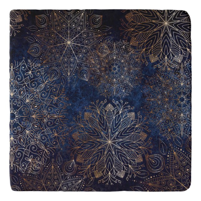 Elegant Gold and Dark Blue Floral Mandala Pattern Trivet (Front)