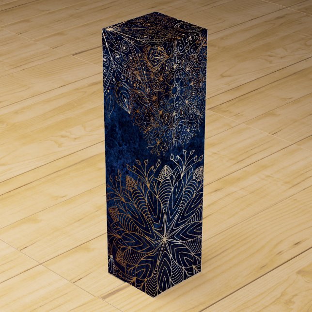 Elegant Gold and Dark Blue Floral Mandala Pattern Wine Box (Front)