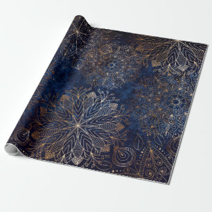 Elegant Gold and Dark Blue Floral Mandala Pattern Wrapping Paper